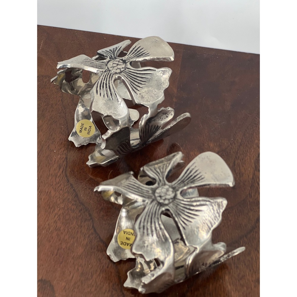 Set of 2 Silver Floral Candle Holders Pewter Style Metal Made in India 2.5x3"